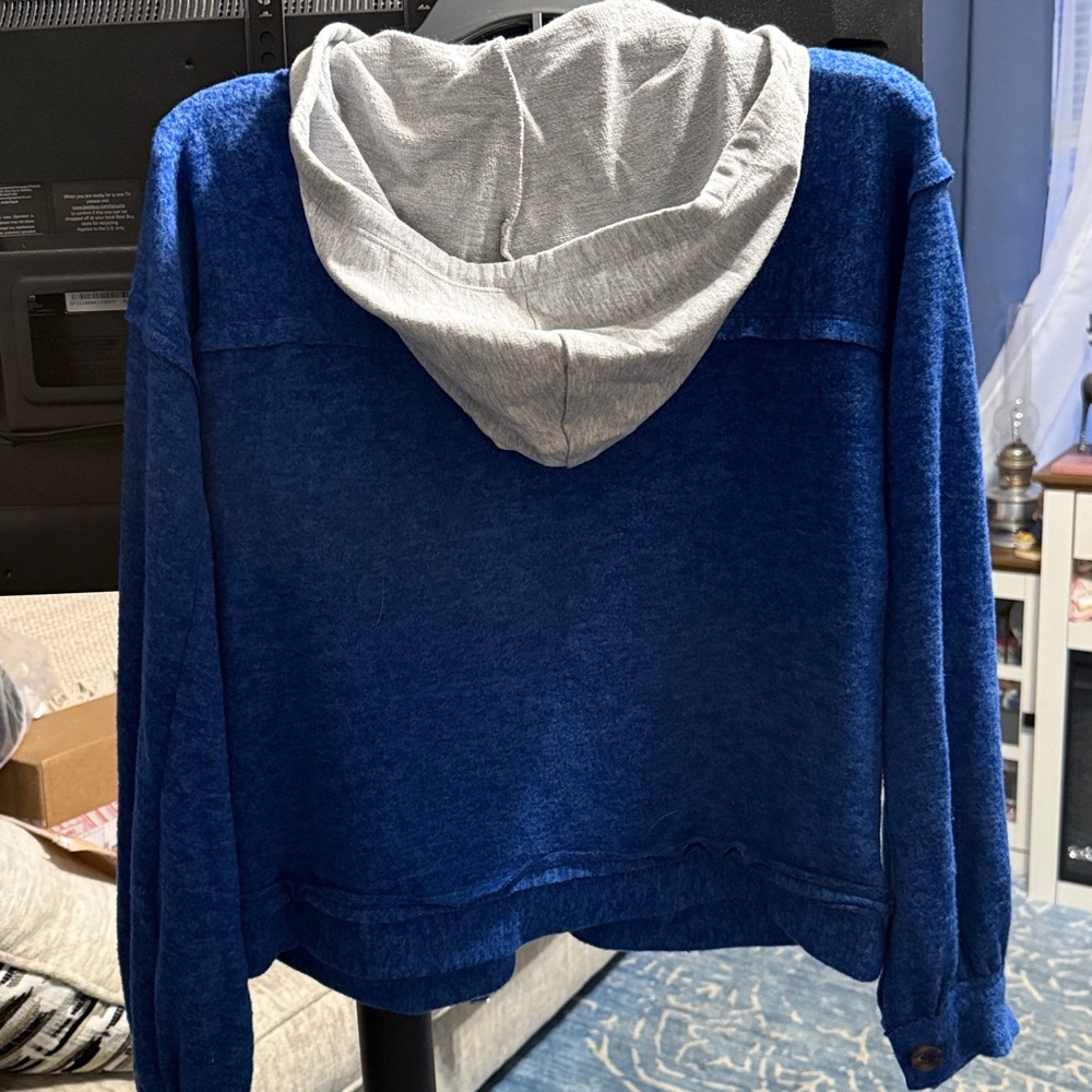 Zenana Outfitters Blue Button-Up Hoodie with Gray Hood Top or Jacket YOUR WAY! - Picture 2 of 10